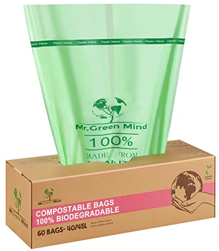 Mr. Green Mind ﻿Biomüllsäcke 40/45 Liter 60 Stück biologisch abbaubare Müllsäcke – 55 x 76 cm – 100% kompostierbare Müllsäcke – Inkl. Spender – Müllsäcke für Biomüll