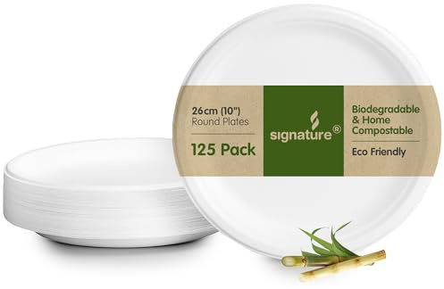 Signature Extra Strong Bagasse Plates 10in 125 Pack Corporate & Home Use | Sturdy compostable paper plates. Tree-free and eco-friendly. For hot and cold food. 26cm round.