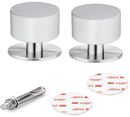 2-Pack Door Stops with Extra Stickers, Self-Adhesive Door Stopper with White Rubber & Stainless Steel Body, Heavy Duty Sound Dampening Door Bumpers for Home & Office (White)
