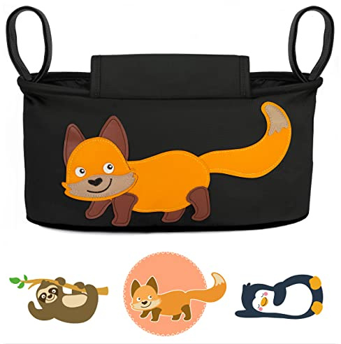GLÜCKSWOLKE Borsa per Passeggino - 12 Motivi I Organizer per Carrozzina Neonato I Portaoggetti con Dispenser per Salviette I Universale Organizzatore Bambini I Motivo Volpe (colore nero)
