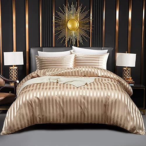 Luofanfei Satin Bettwäsche 135x200cm Gold Braun Glänzend Glanzsatin Seiden Bettwäsche Set Gestreift Muster Sommer Glatt Luxus Uni Kühlende Bettwäsche-Sets 135 200 Einzelbett mit Reissverschluss