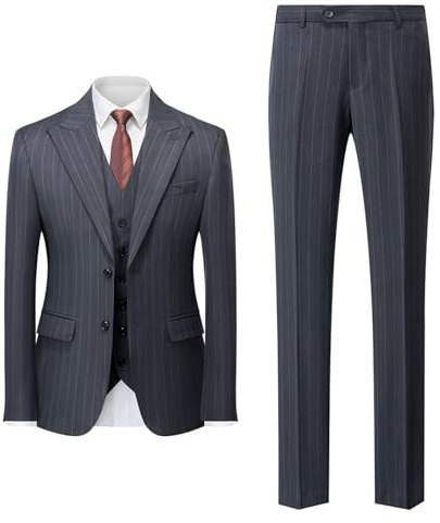 Men's Pinstripe 3 Piece Suit Set, Slim Fit Two Button Business Suit, Single Breasted Blazer Jacket Vest Pants