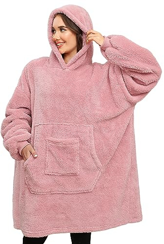 CMTOP Filt huvtröja dam teddyfleece huvtröja med fickor dam tröja filtar, ROSA, one size
