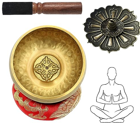 Tibetisches Klangschalen Set - Ø 8 cm Klangschale Klein Zur Meditation und Entspannung, Klangschale mit Holz Klöppel, Klangschalenkissen Und Räuchergefäß für Yoga Meditation und Entspannung