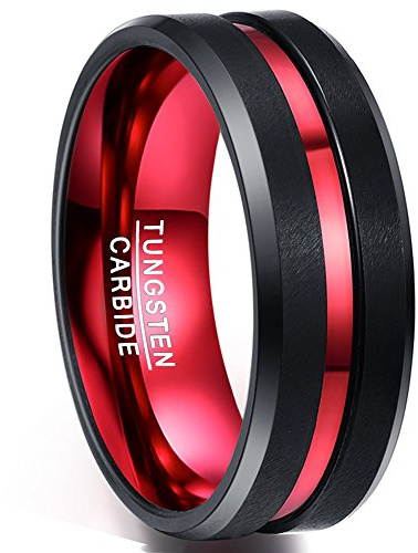 NUNCAD 8mm Bague en Tungstène Homme Femme Noir+ Rouge avec Rainure Centrale Rouge pour Mariage Souvenir Anniversaire Cadeau Taille 74.8