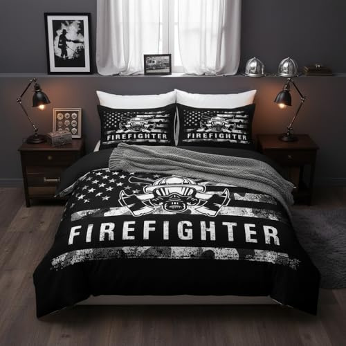 Feuerwehr Bettbezug Set L Größe,Retro amerikanische Flagge Patriotische USA Flagge Bettwäsche Mädchen Jungen Erwachsene,Feuerwehr LKW Tröster Abdeckung,Schwarz Grau Camo Quilt Cover,2 Kissenbezug
