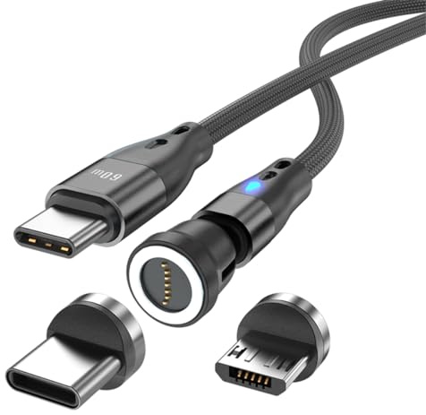 Magnetisches Ladekabel USB C auf USB Type C/Micro USB Magnetkabel PD 60W Schnellladung 1M/2M 540° Drehung 2-in-1 Magnet USB kabel für Android Micro USB Type C Smartphone Tablette Laptop(1m schwarz)