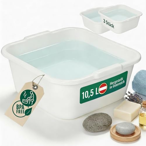 Novaliv 3x Spülschüssel eckig 10,5L, 34x34 cm, Weiß, BPA-frei Spülmaschinenfest Ideal für Küche und Camping, Wanne, Große Plastikschüssel, Waschschüssel eckig, Waschwanne, Abwaschschüssel