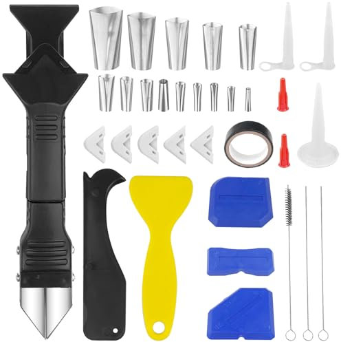 Ghazpmuk Rimuovi Silicone Kit(34 Pezzi), 5 in 1 Raschietto Silicone Professionale, Raschietto in Silicone, Calafataggio Silicone Kit, Spatola per Silicone, per Finestra, Piastrelle Da Cucina, Bagno