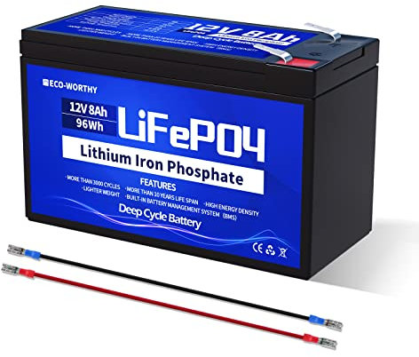 ECO-WORTHY Batterie LiFePO4 12 V 8 Ah, plus de 4000 cycles batterie au lithium à cycle profond avec BMS 8 A, pour solaire, détecteur de poissons, roues électriques, éclairage, système d'alarme