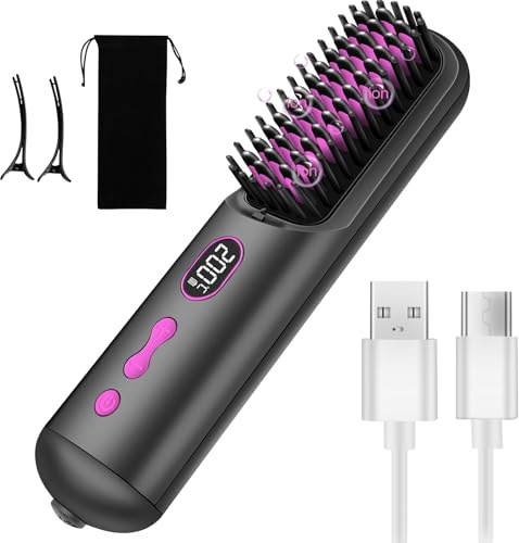 Cordless Hair Straightener Brush,9600mAh USB Rechargeable Ionic Hot Comb for Hair and Beard,Portable Heated Hair Straightening Brush for Travel, Fast Heating Brush for Women and Men