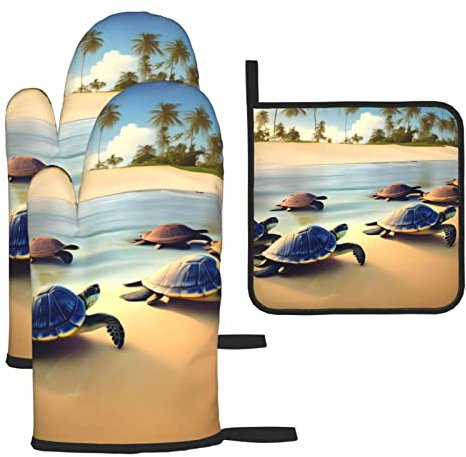 YYHHAOFA Lot de 3 gants de cuisine imperméables et durables pour four et manique pour isolation thermique Motif tortues sur la plage