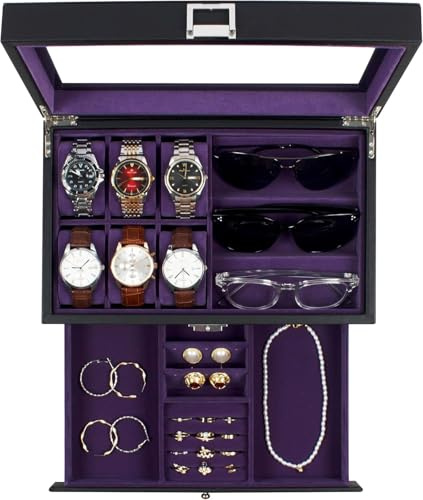 KILHS Watch Box, 6 slots Watch case, 3 Compartment Eyeglass Organizer, Mens Jewellery Box with Clear Glass Lid, Double Layer with Key Lock, Gift, Black-Purple