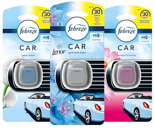 Febreze Car Vent Clip Air Freshener 3 Count | Blossom & Breeze, Cotton Fresh & April Fresh | Up to 30 Days Fights Odours & Freshens