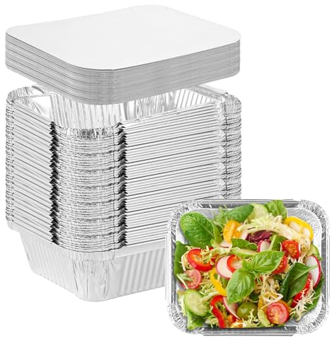 SENENQU Set med 100 grillar aluminiumskålar med lock – aluminiumfolie bakformar för grillning och bakning – 600 ml kapacitet – 16,4 x 13,0 x 4,6 cm – grilldroppskålar, hög kvalitet för