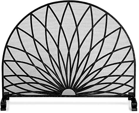 Pare-étincelles semi-circulaire pour salon - Panneau unique - Pour brûleur à bois et grills - Très résistant - Avec pieds de support - Couleur noire