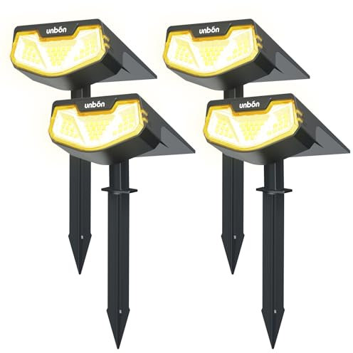 UNBON 4 Pezzi Faretti Solari a LED da Esterno, Lampade Luci Solari da Giardino Potenti 3 Modalità 32 LED IP65 Impermeabile Faretto Solare da Giardino per Cortile Vialetto Piante Alberi Luce Calda