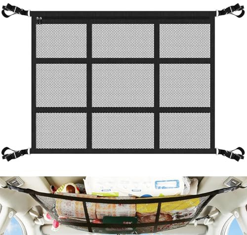 Gepäcknetz Auto 90x65 cm, Universal Gepäcknetz Netztasche mit Reißverschluss für Aufbewahrung, Doppellagige Autodach Aufbewahrung für Decken, Auto Camping Zubehör Autonetz Organizer für SUV Van