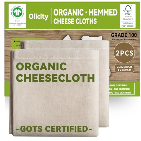 Etamine alimentaire bio Olicity - Lot de 2-50 x 50 cm - Coton biologique GOTS non blanchi - Mousseline réutilisable pour fromage, yaourt, confiture