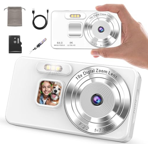 Appareil Photo Numérique 4K 64MP, Zoom 18x, Autofocus, Time-Lapse, Écran 2.8'' Rechargeable，Webcam, Trou pour trépied, Carte SD 32GB, Idéal pour Enfants, Débutants et Voyages
