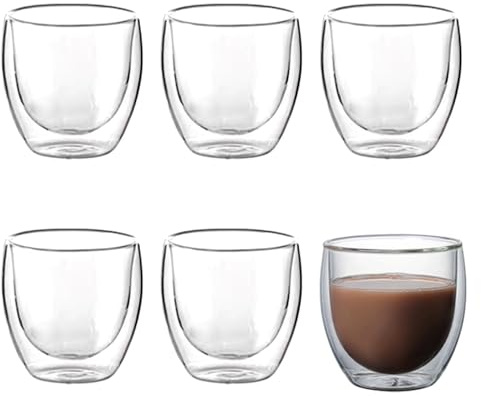 Bibabala Tazzine da caffè espresso a doppia parete da 76,5 g, 6 pezzi, in vetro trasparente, set di tazzine da caffè espresso, piccole tazze da caffè, bicchieri a doppia parete per Ristretto, Lungo