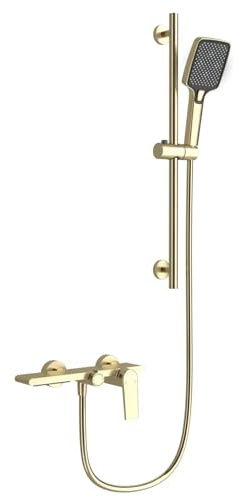 XJTNLB Armatur Badewanne Wasserfall Badewannenarmatur Wandmontage Gold Gebürstet mit Handbrause Duschstange Einhebelmischer Dusche