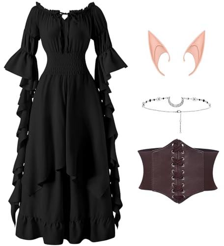 LumenVela Vestito Medievale Donna, Costume Halloween Donna con Corsetto, Orecchie da Elfo, Copricapo, Spalle Scoperte Maniche a Sbuffo Abito Vittoriano Gotico per Carnevale Halloween (Nero, M)