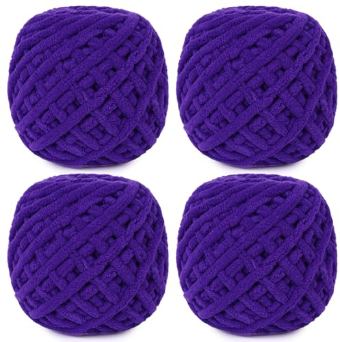 Aeelike Häkelgarn Chunky Lila, 4 x 100g Weiche Strickwolle Dick für Anfänger, Chunky Wolle für Häkeldecke, Schals, Pullover, handgefertigte Taschen und Plüschprojekte, Dunkelviolettes Flauschgarn
