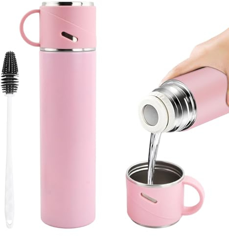 Vacuum Insulated Flask 580ml with Silicone Brush 304 Stainless Steel Thermo Water Bottle with Leakproof Lid Thermos Flask with Cup for Hot and Cold Drinks Travel Mug Outdoor (Pink)