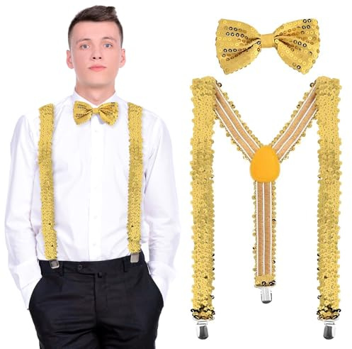 QIZHIQIAMY 2 Stück Glitzer Accessoires Herren - Glitzer Fliege und Dehnbare Hosenträger Verstellbar Pailletten Outfit für Silvester, Karneval, Disco Accessoires