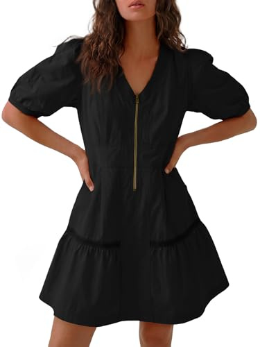 Fisoew Women's Short Sleeve Mini Dress Casual Half Zip V Neck Loose Mesh Back Utility Summer Dresses with Pockets Black