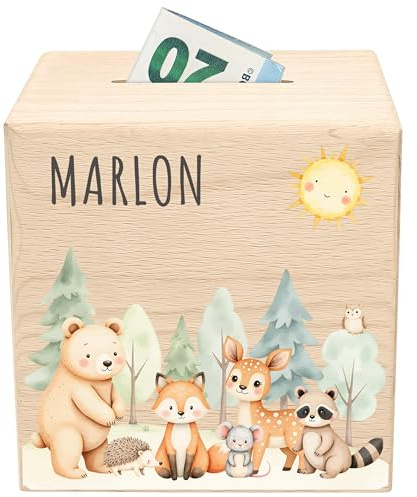 Spardose für Kinder personalisiert Sparbox aus Holz Sparschwein mit Schlüssel Geschenk für Jungen Mädchen Waldtiere Holzspardose