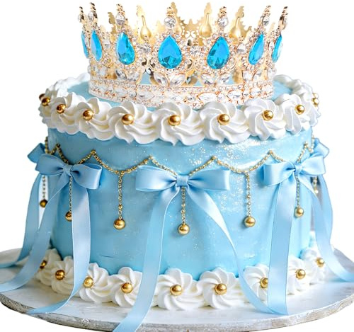 Blue Crown Cake Topper Queen Crown Tiara Cake Decorations | for Blue Bows Princess Birthday Party Decorations Queen Themed Bridal Shower Wedding Party Supplies