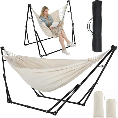 Clevich Hängematte mit Gestell, Outdoor Hängematte, Faltbar, Verstellbar, Stabiler hängematte Gestell, 231x89cm, Bis 200 kg, für Garten Balkon Camping Indoor, Tragetasche, Mehrfarbig (Khaki)