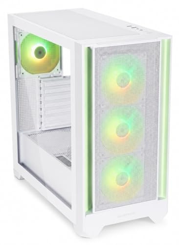 Flow 110 White A-RGB Midi Tower - Caja para ordenador (frontal de malla con entrada de aire lateral, ventana lateral de cristal, 4 ventiladores A-RGB HDB de 120 mm, control PWM y 3 pines, GPU hasta