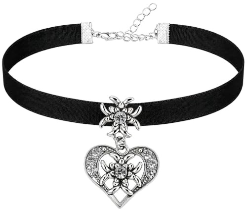YUSHWENPTY Bierfest Trachtenkette mit Strass Edelweiß Halskette Herz Anhänger Elegante Damen Trachtenschmuck Dirndl Schmuck für Oktoberfest Trachtenfest Outfit Accessoires