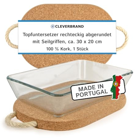 Cleverbrand Topfuntersetzer aus Kork, hitzebeständig, rechteckig abgerundet, ca. 30 x 20 cm, 2cm stark, mit Seilgriffen, Ideal für große Auflaufformen – Made in Portugal