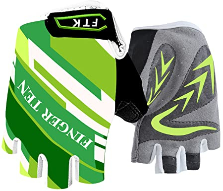 FINGER TEN Fahrradhandschuhe Kinder MTB Handschuhe Fahrrad Outdoor Bike Gel Halbfinger Sporthandschuhe Radhandschuhe Wert 1 Paar Grün M, für Sommer Freizeit Jungen Mädchen Alter 2-10 Jahre