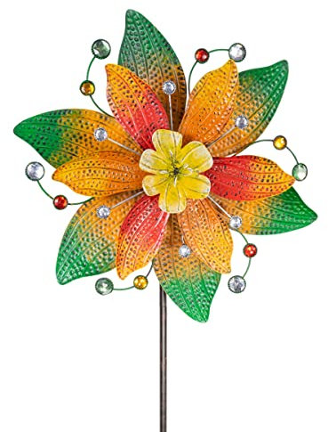 CIM Metall Windrad - Exotic Flower Jamaika - Ø48cm, Gesamthöhe: 160cm - inkl. 3-teiligem Standstab - leichtgängig drehend