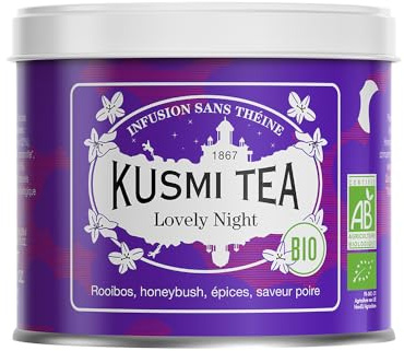 Kusmi Tea - Lovely Night - Ekologisk infusion - Krydd- och växtblandning Päronsmak - Ekologisk lime, verbena och rooibos - Infusion utan tein - Teform i metall 100g - Rymmer ca 50 koppar