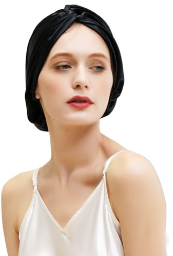 ZIMASILK 22 momme 100 % mullbärssilke sovmössa för kvinnor hårvård, naturligt silkeshårsjal för sömn, silkeshätta med elastisk stannar på huvudet, klassisk veckad (1 st, svart)