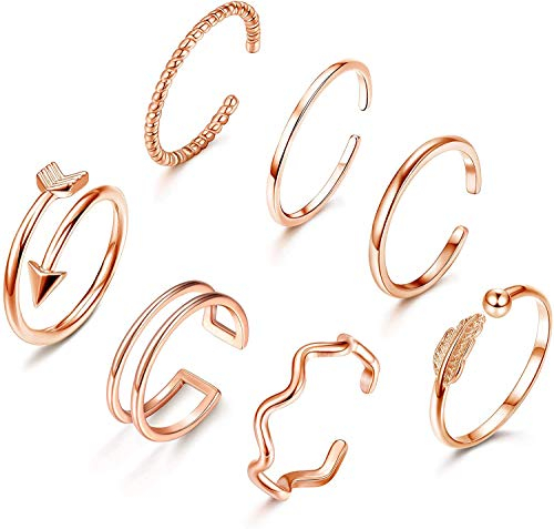 Milacolato 7PCS Verstellbare Band Fingerringe Set Niedliches Minimalistischer Silber Gold Roségold Welle Stapelbare Offene Ringe Set für Damen