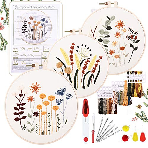 YINVA Anfänger Stickerei Set Stickerei Set, Blumenmuster Pflanzen Kreuzstich-Kit Starter Tools Kit mit 3 Stück Kunststoff-Stickrahmen, für DIY Kunst, Handwerk, Nähen