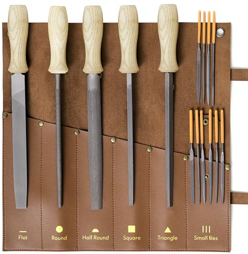 YOCAMIRAGA 15-teiliges Metallfeilen-Set, 5 Metallfeilen für Holz und Metall und 10 Nadelfeilen-Set für Schleifarbeiten mit Rolltasche aus Kunstleder.