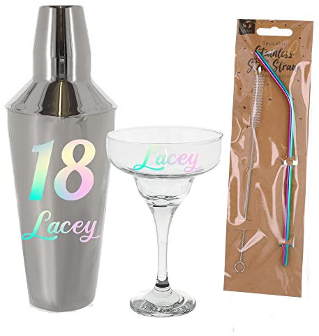 Personalised 18th Birthday Cocktail Mixer & Matching Margarita Glass Gift Set (Full Set)