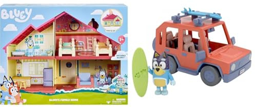 Bluey Stort Lekhus Lekset 4 rum Lekhus & Bluey: Heeler-familjevagn inklusive bandit-figur: 1 fordon med plats för 4 figurer – officiell Blueye-samlarartikel