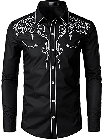 NW Chemise à manches longues brodée pour homme Coupe ajustée Style western Cowboy Fête de mariage, Noir , L