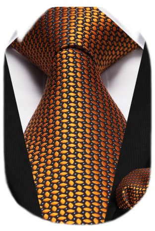 HISDERN Slips och ficknäsduk set randiga prickiga silkesband för män formell klassisk elegant slips och näsduk för företag bröllopsfest, Orange, en storlek