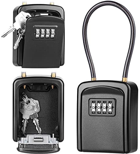 Diyife Key Safe, New Version Weatherproof Portable Lock Box Outdoor with Removable Wire Rope Shackle, Hangable Combination Key Lock Box for Home Office Garage School Car