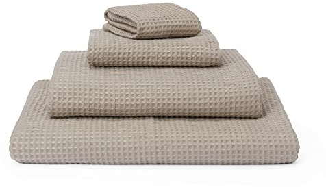 URBANARA Premium Gäste-Handtuch Set Kotra - 50% Leinen & 50% Baumwolle - 2er Set 30x50cm Handtücher, schnelltrocknend & fusselfrei Waffelpique Öko-Tex 100 - Beige & Elfenbein